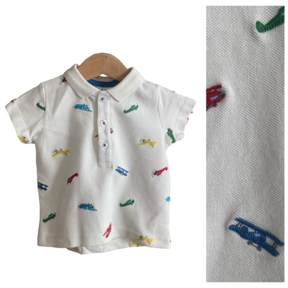 Mini Boden Baby White Colorful Embroidered Airplane Polo Shirt 6-9 months